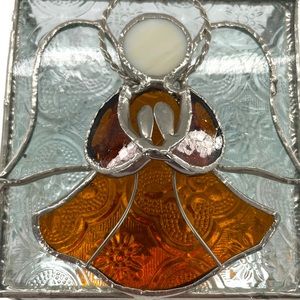 Amber "Angel" Stain Glass Trinket / Jewerly Box with Mirrored Bottom 2" Tall